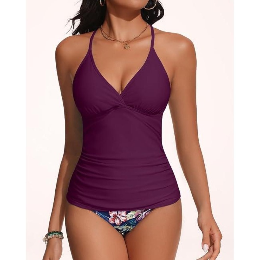 Holipick Purple Tankini Swimsuit‎ Set Floral Mid Rise Tummy Control New L